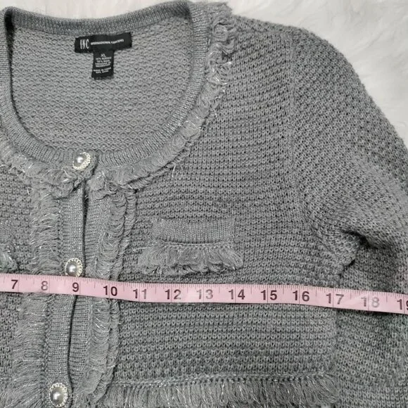 INC International Concepts Gray Silver Speckles Fringe Trim Knit Cardigan XL - Picture 10 of 12